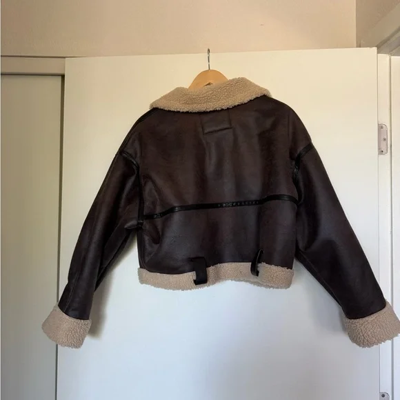Zara Cropped Shearling-Lined Aviator Jacket - Dark Brown & Cream - Picture 5 of 5
